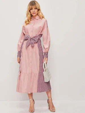 Contrast Gingham Tie Front Shirt Dress
