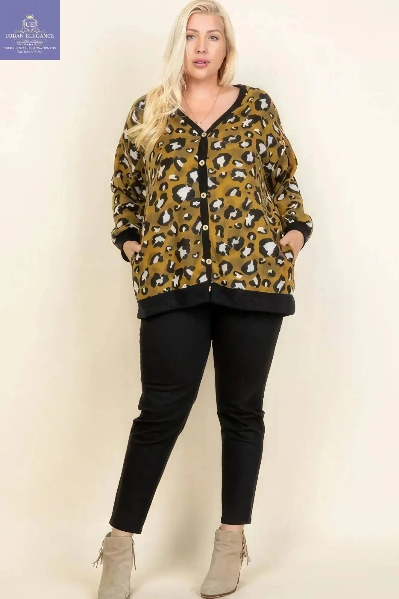 Cozy Animal Print Button-Up Cardigan in Plus Size