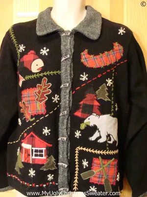 Crafty Plaid Cheap Christmas Sweater with Wierd Buttons