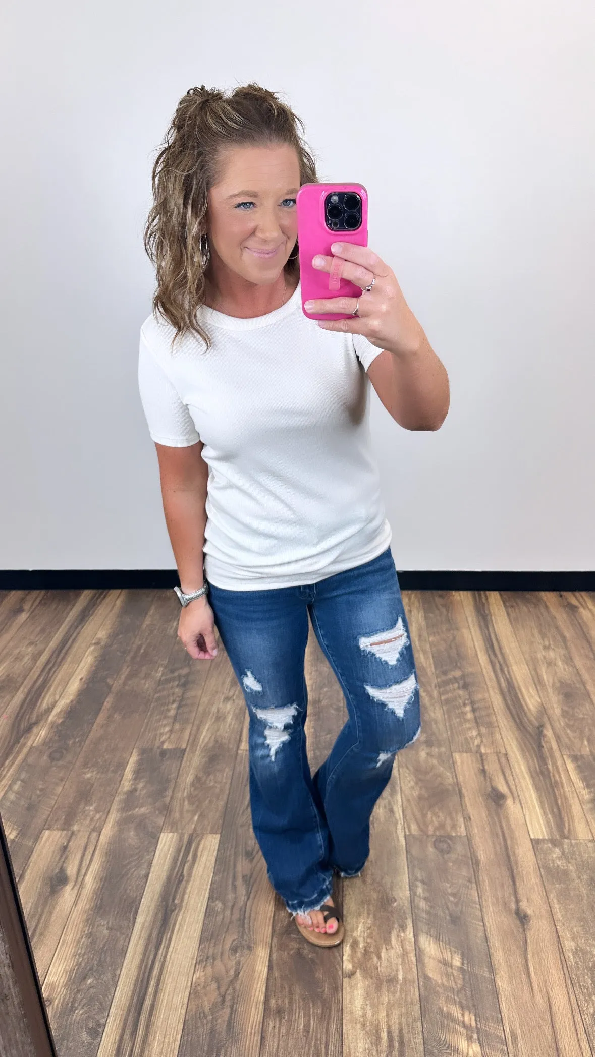 Cream Ribbed Fitted Crewneck Tee (SM-3X)