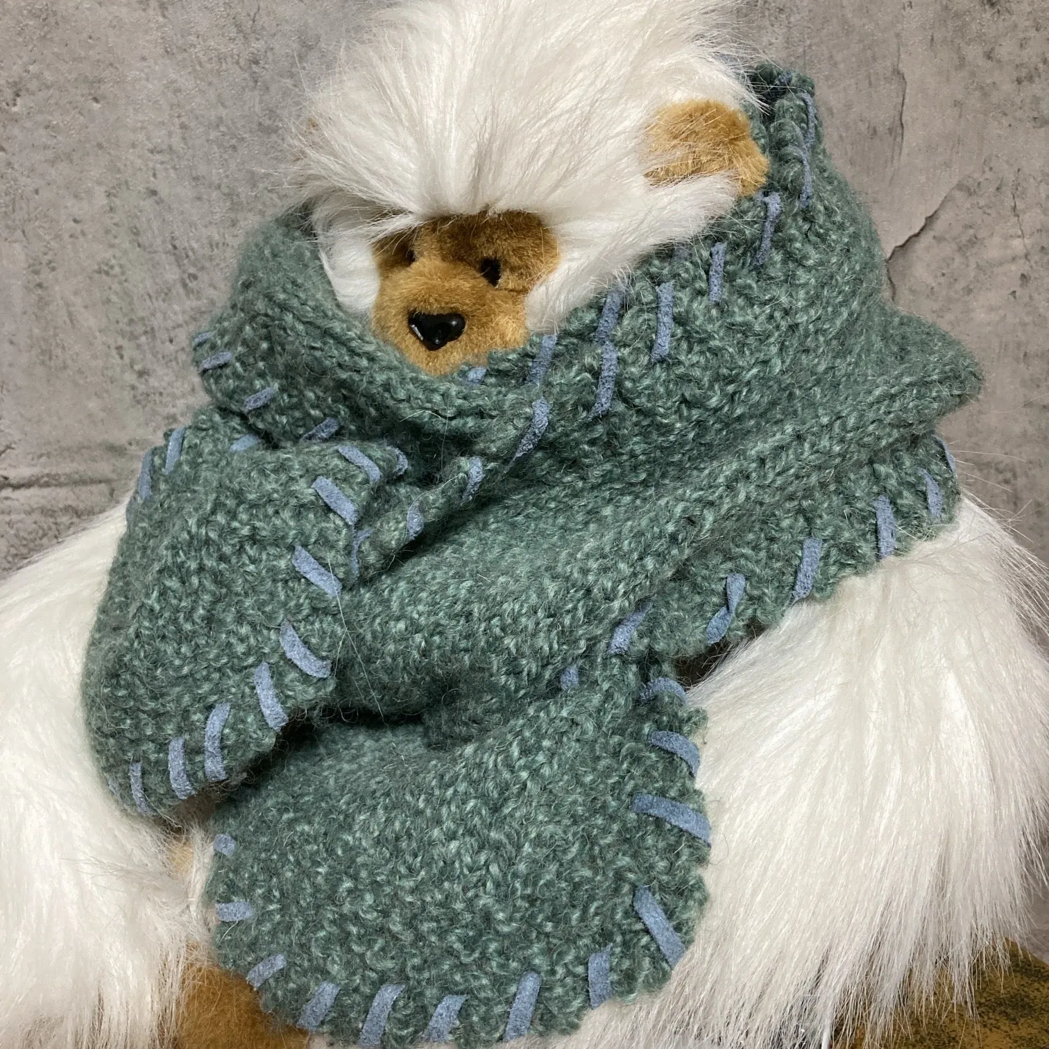crochet knit scarf stitch edging smoky blue green