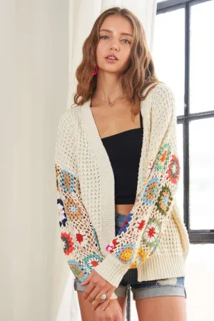 Crochet Open Front Long Sleeve Cardigan in Ivory