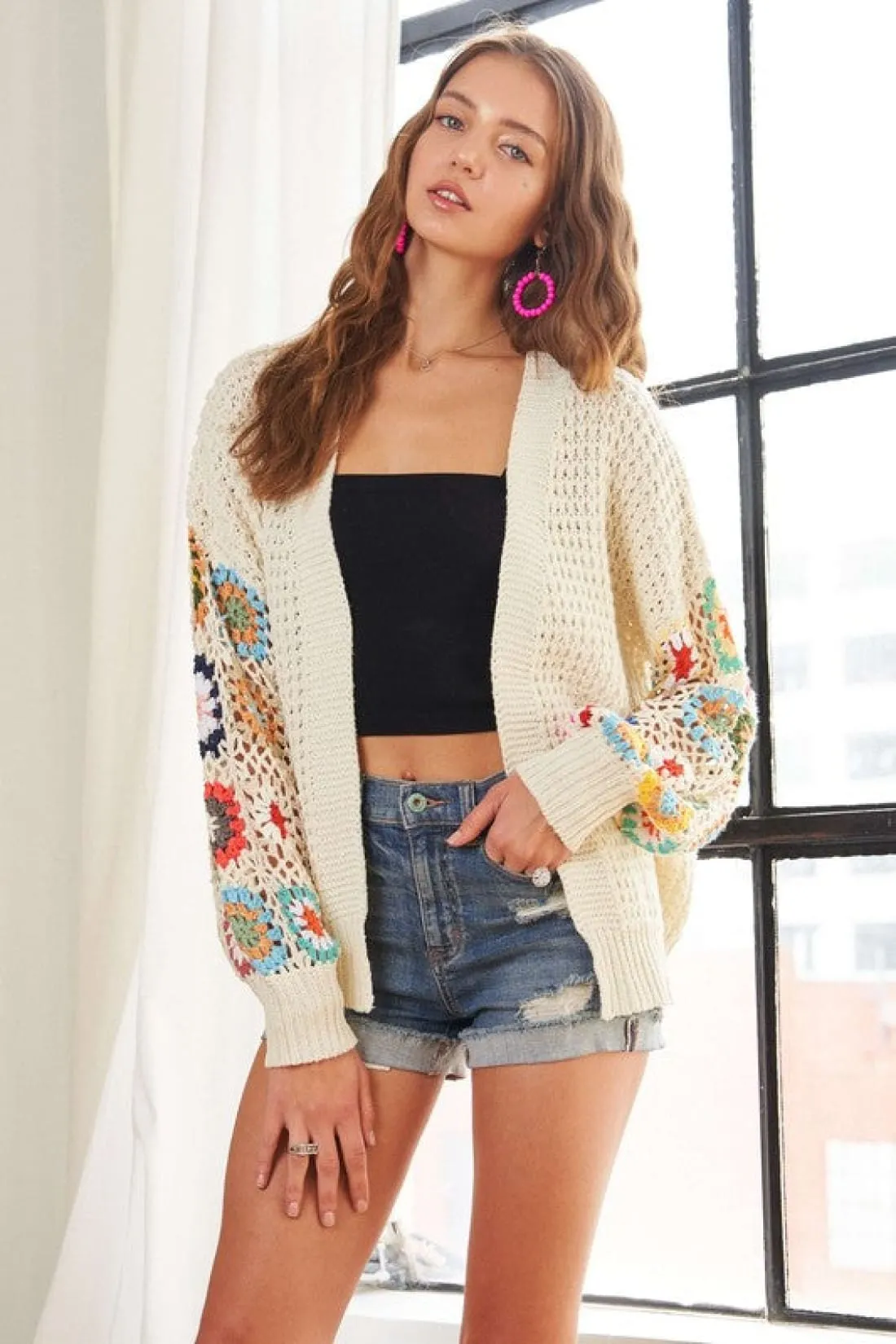 Crochet Open Front Long Sleeve Cardigan in Ivory
