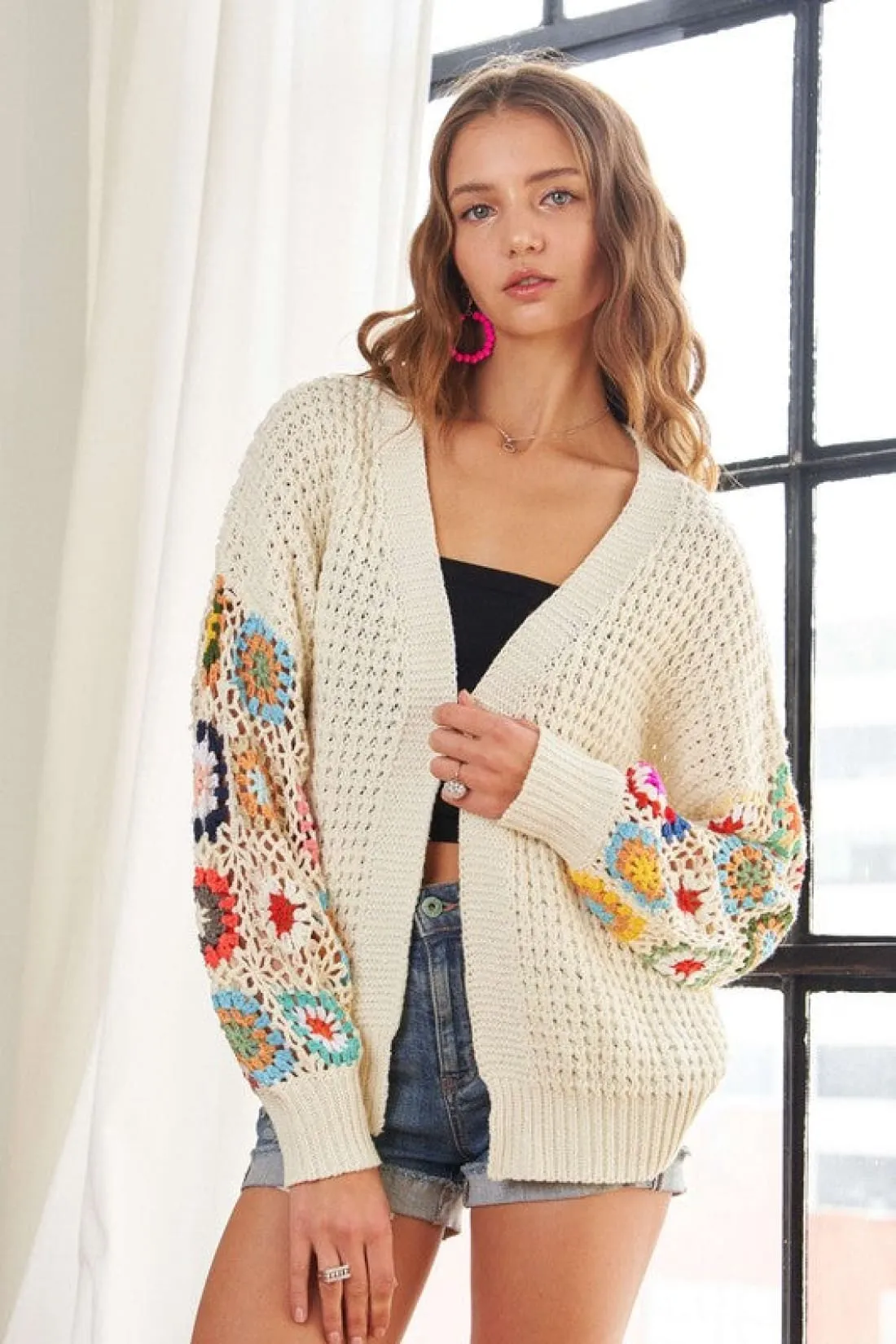 Crochet Open Front Long Sleeve Cardigan in Ivory