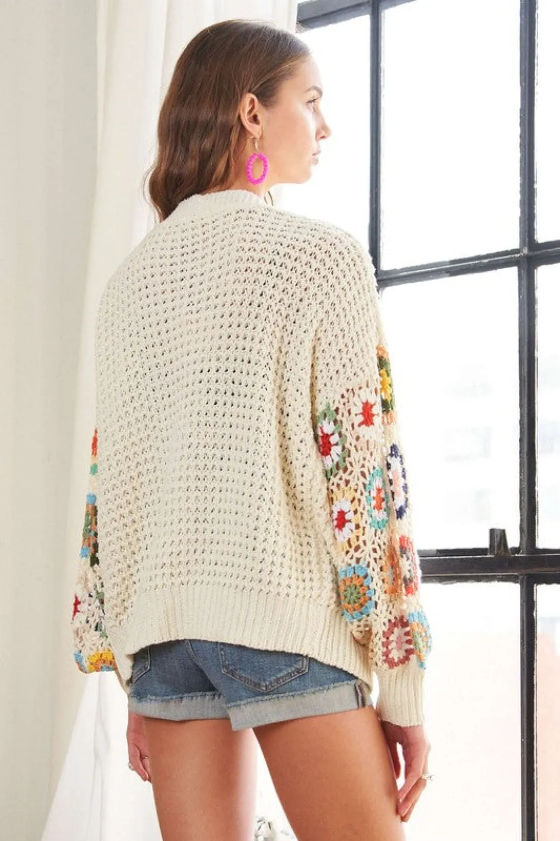 Crochet Open Front Long Sleeve Cardigan in Ivory