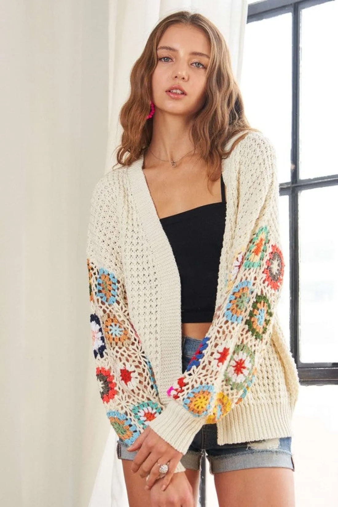 Crochet Open Front Long Sleeve Cardigan in Ivory