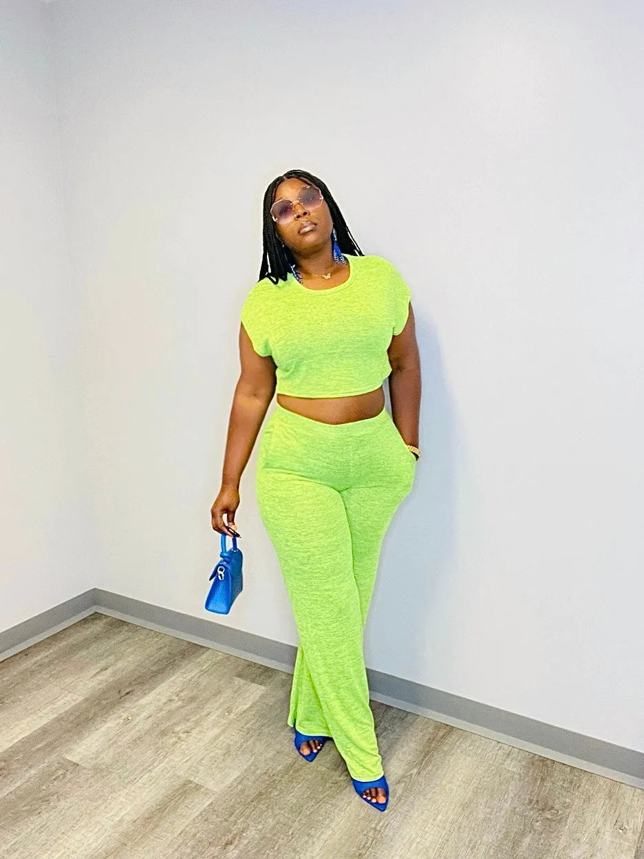 CROP TOP WIDE LEG PANTS SET (Lime)
