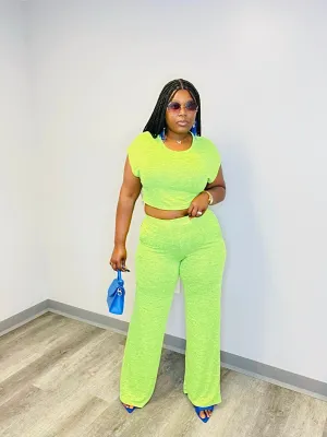 CROP TOP WIDE LEG PANTS SET (Lime)