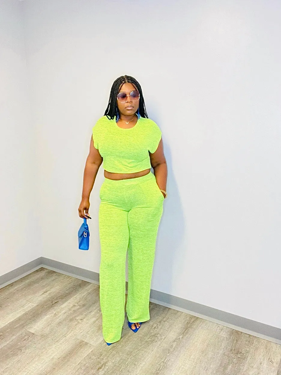 CROP TOP WIDE LEG PANTS SET (Lime)