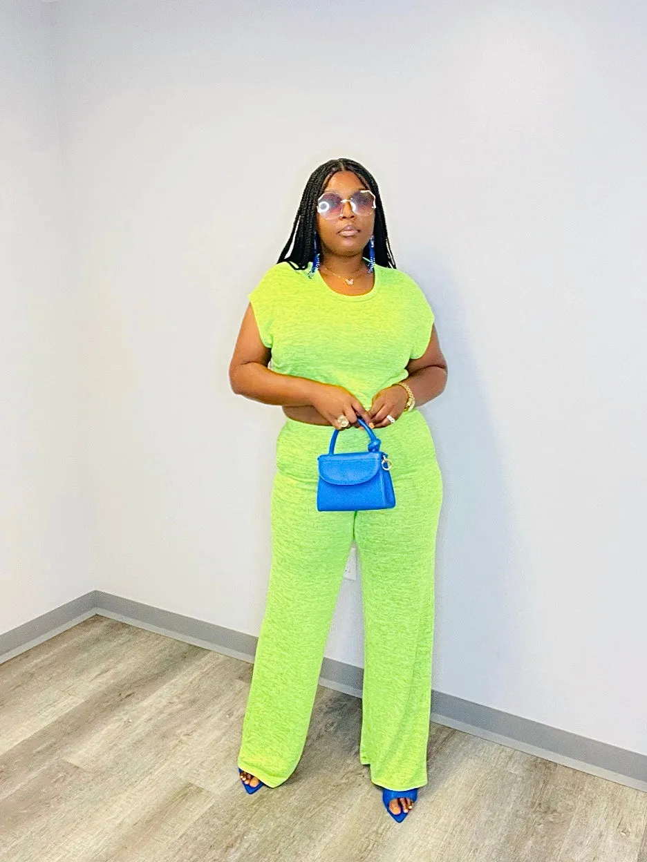 CROP TOP WIDE LEG PANTS SET (Lime)