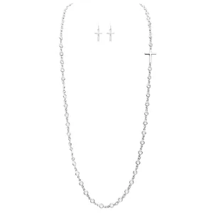 Crystal Link with Inspirational Religious Sideways Cross Necklace and Earrings Set, 36" 3" Extender (Clear Crystal Silver Tone)