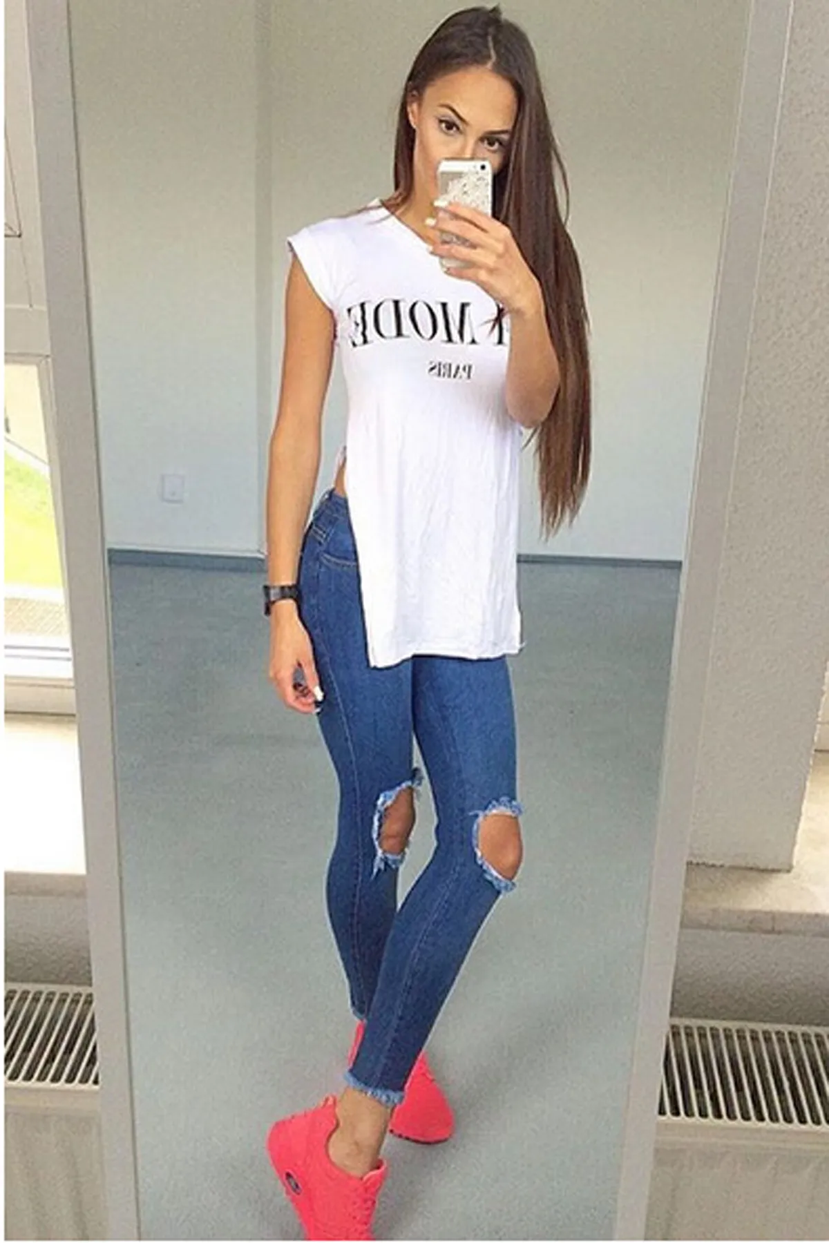 Cut Out Rough Holes Long Skinny Elastic Denim Pants