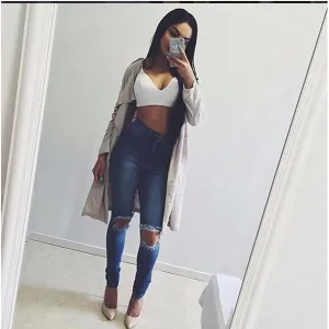 Cut Out Rough Holes Long Skinny Elastic Denim Pants