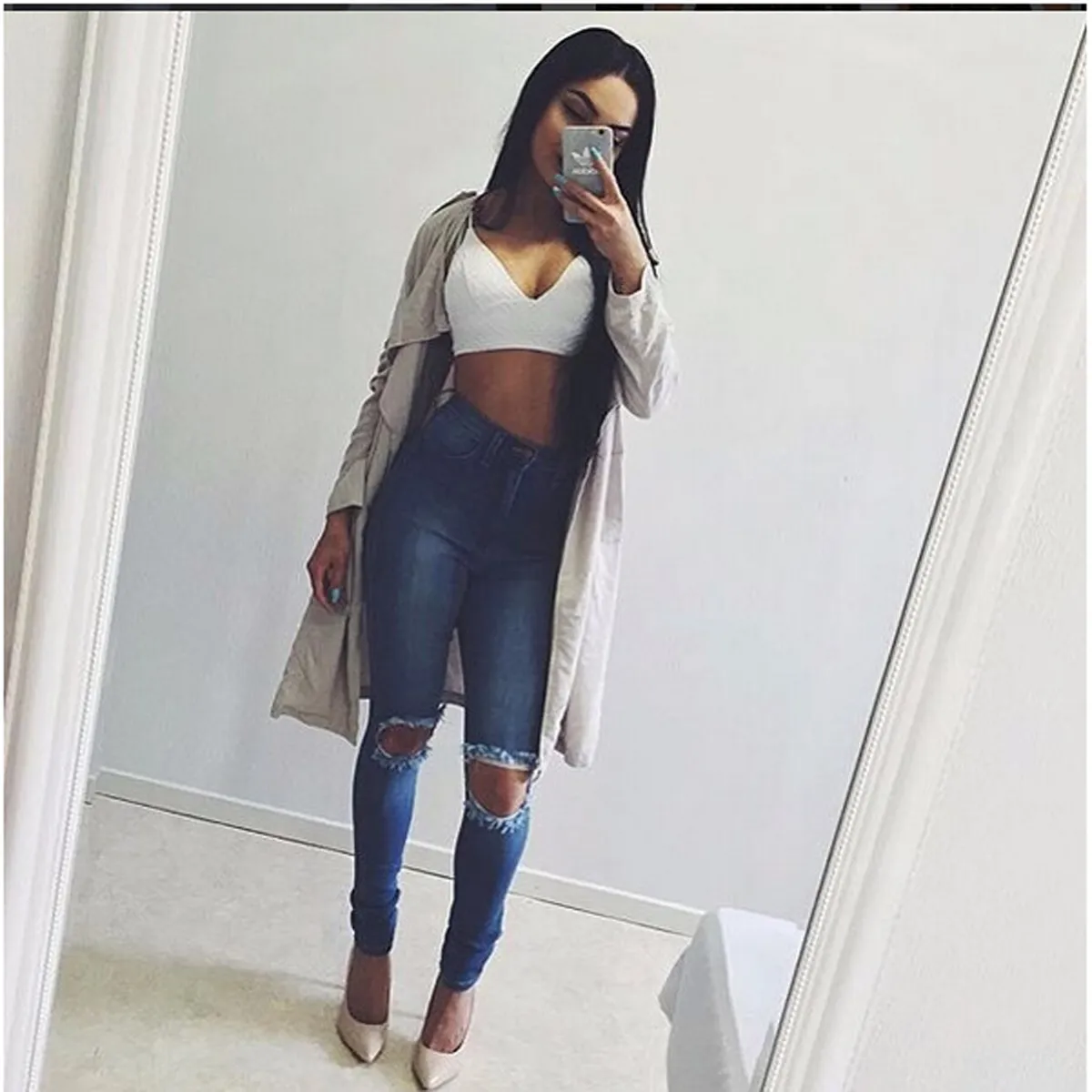 Cut Out Rough Holes Long Skinny Elastic Denim Pants