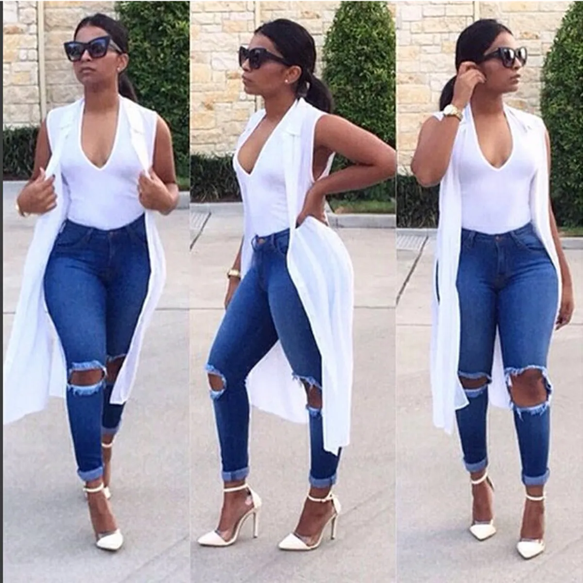 Cut Out Rough Holes Long Skinny Elastic Denim Pants
