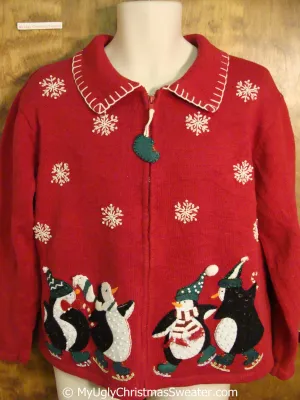 Cute Penguins Skating 80s Ugly Christmas Sweater