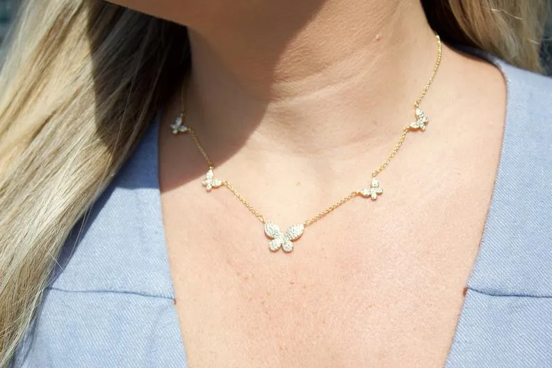 CZ Butterfly Charms Layering Rolo Necklace (G70)