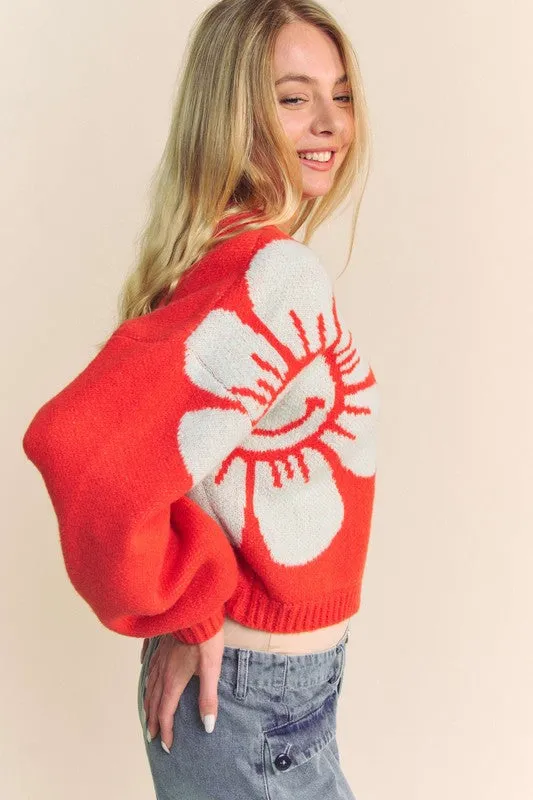 Davi & Dani Flower Contrast Cardigan Women Round Neck Long Sleeve Buttoned