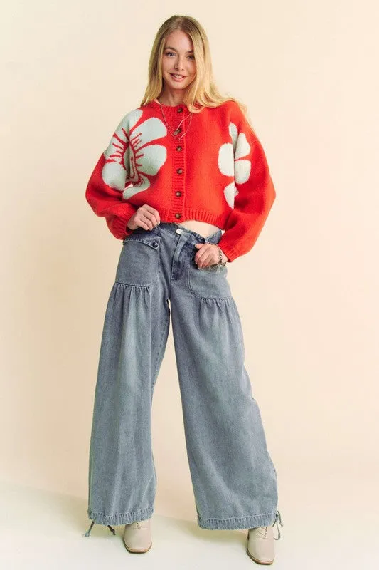 Davi & Dani Flower Contrast Cardigan Women Round Neck Long Sleeve Buttoned