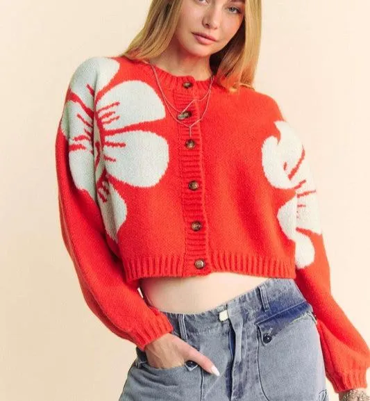 Davi & Dani Flower Contrast Cardigan Women Round Neck Long Sleeve Buttoned