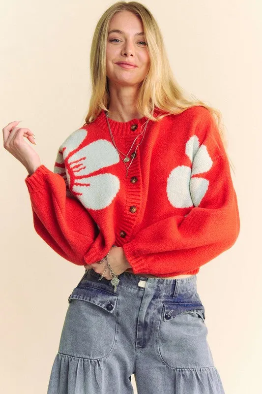 Davi & Dani Flower Contrast Cardigan Women Round Neck Long Sleeve Buttoned