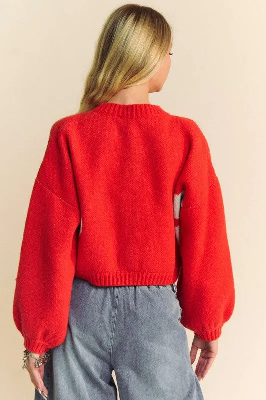 Davi & Dani Flower Contrast Cardigan Women Round Neck Long Sleeve Buttoned