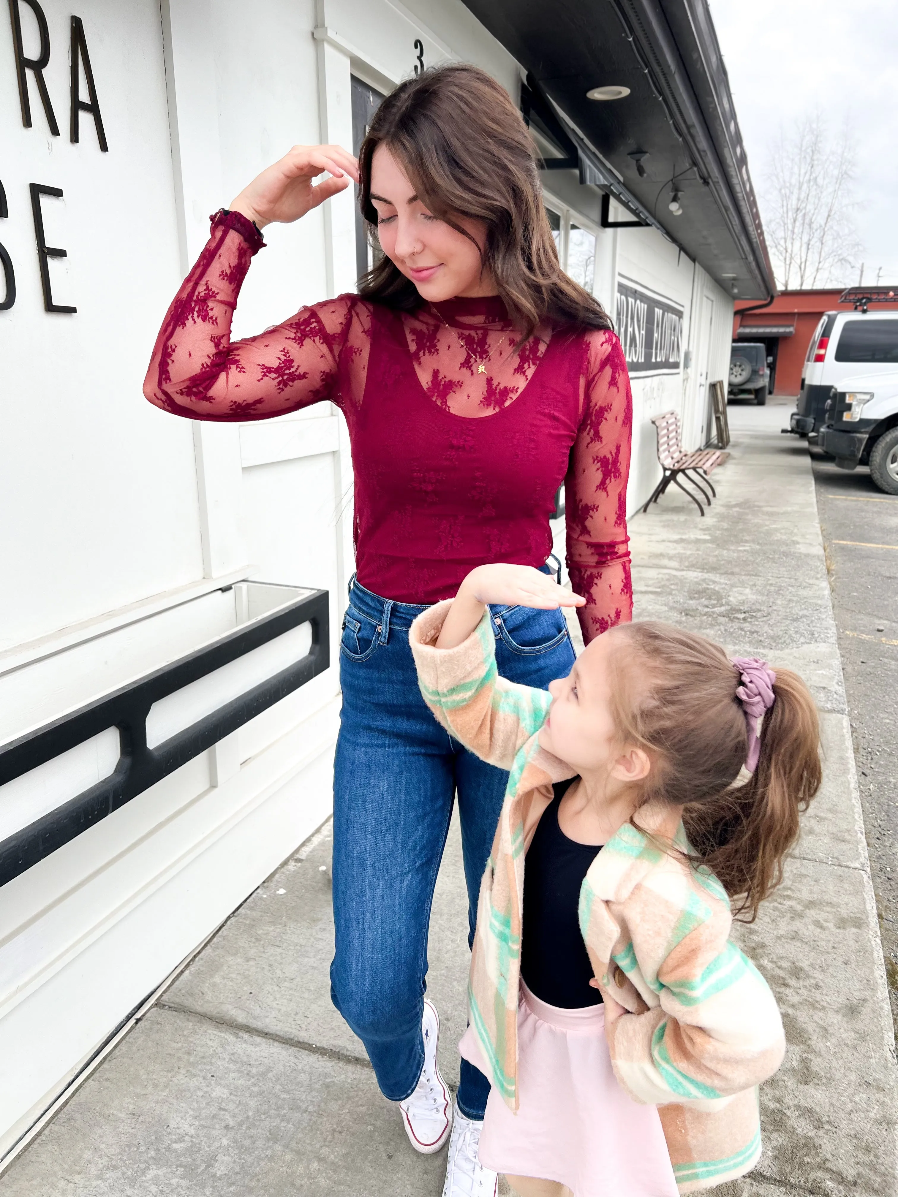 DeeDee Lace LS Layering Top-Cabernet