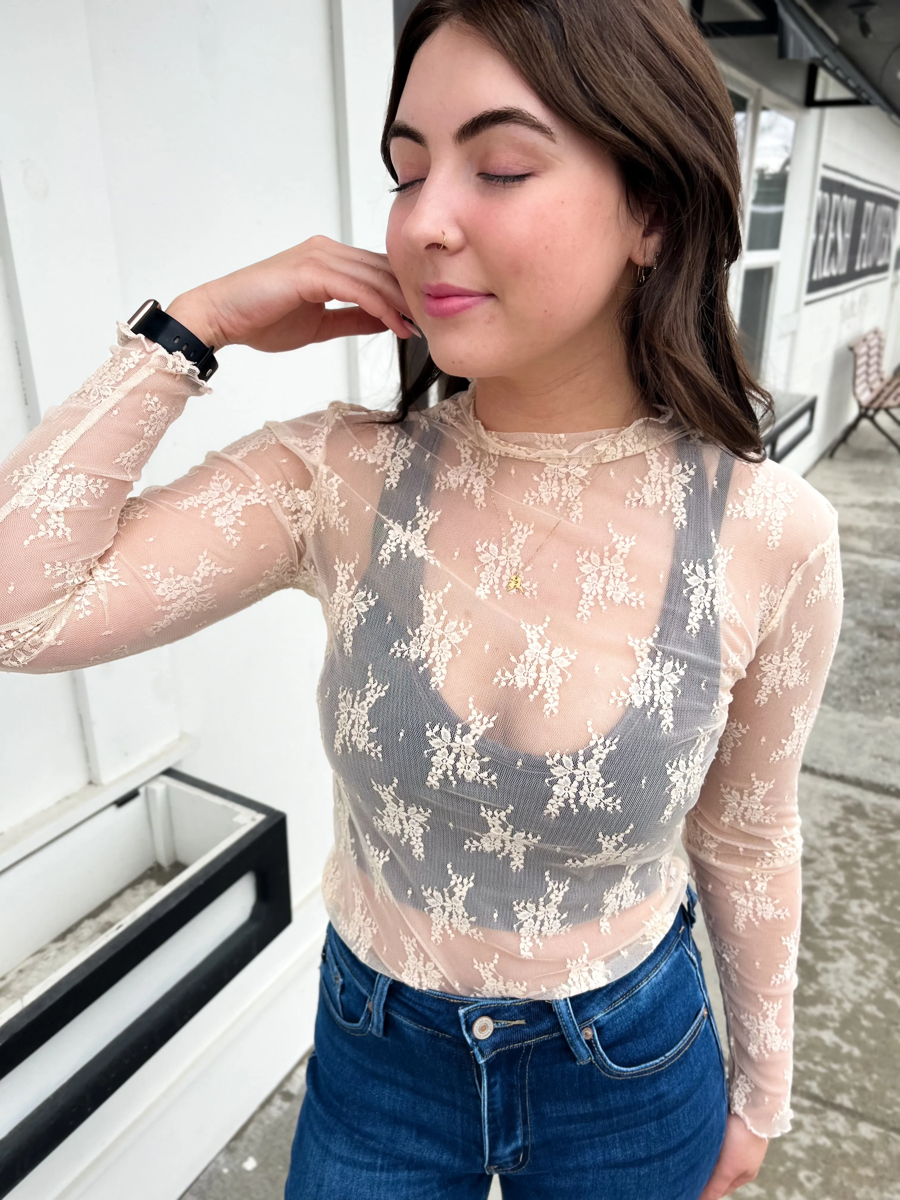 DeeDee Lace LS Layering Top- Nude