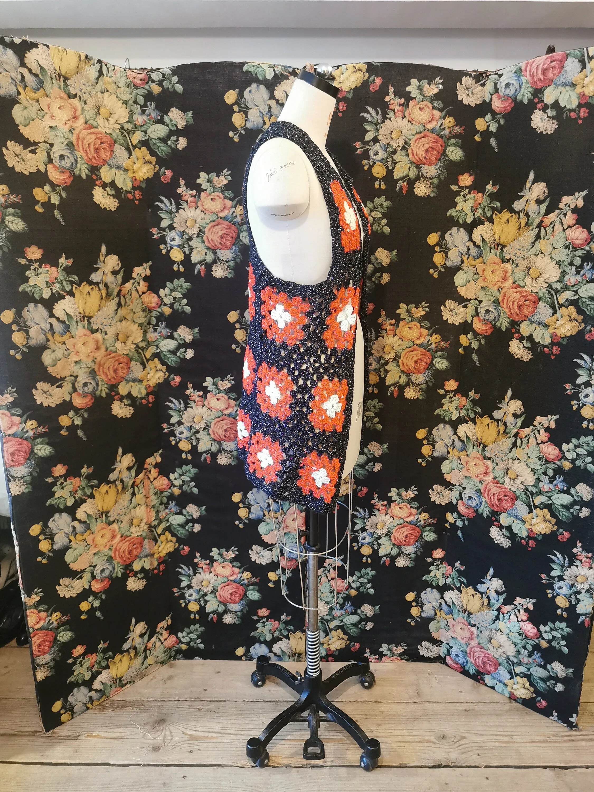 Dorothy Melluish 1970s crochet granny square waistcoat