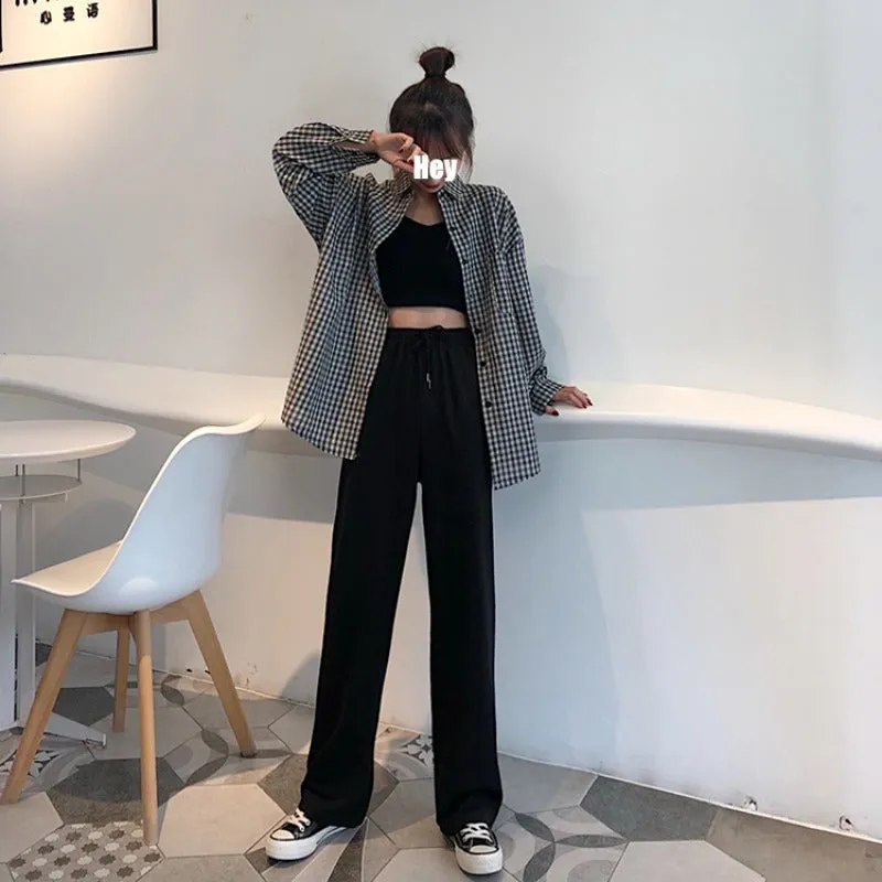Drape Wide Leg Pants Women High Waist Loose Straight Casual Floor Length Slim Look Pants