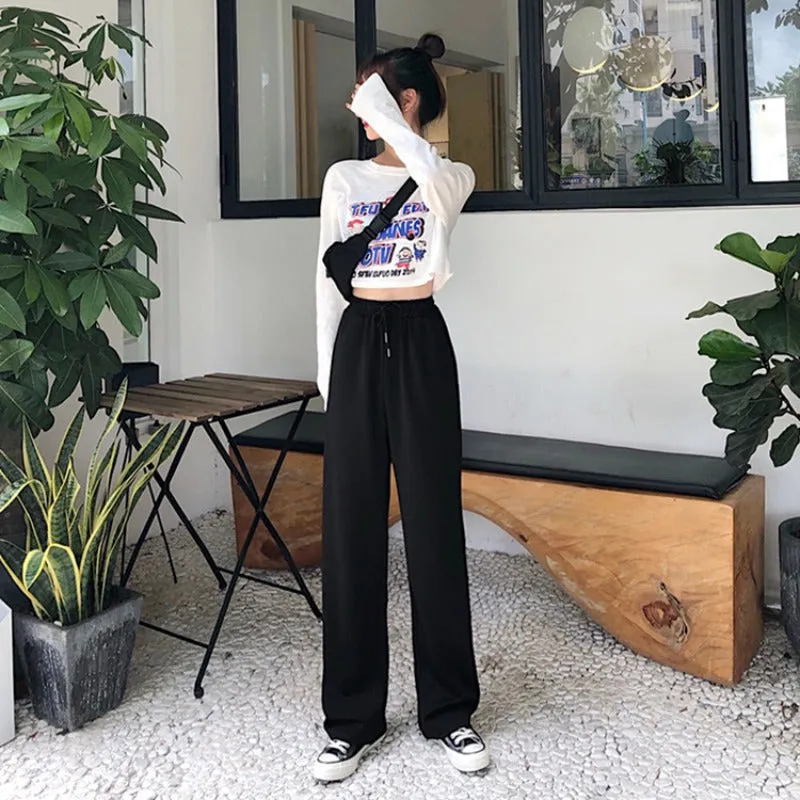 Drape Wide Leg Pants Women High Waist Loose Straight Casual Floor Length Slim Look Pants