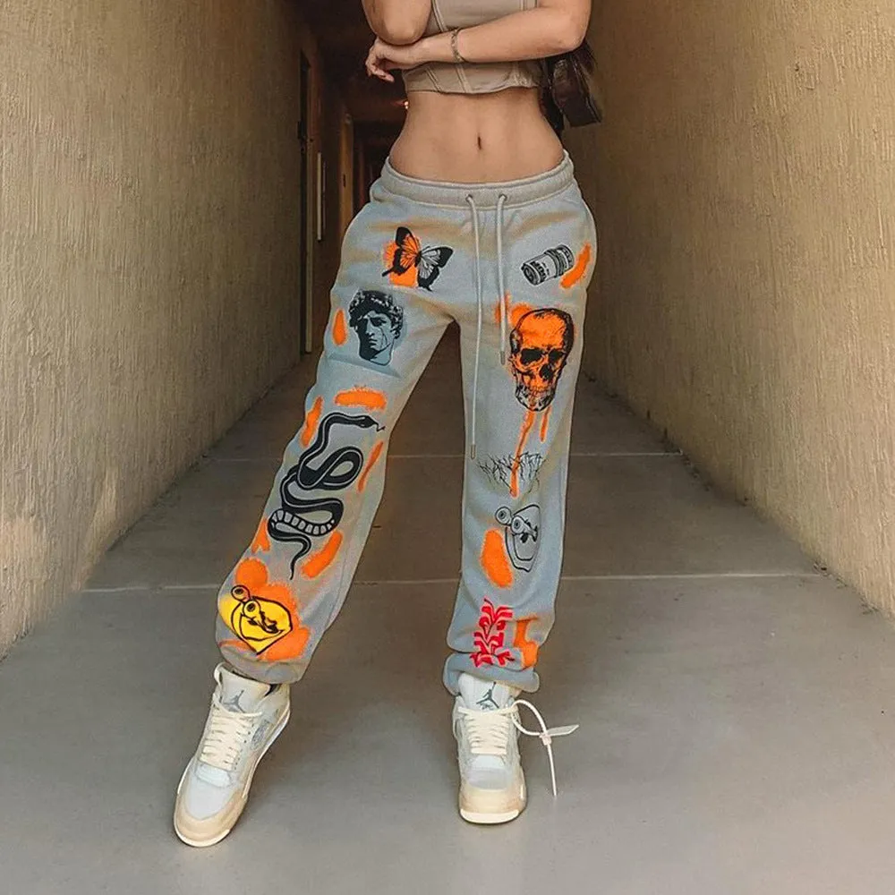 Drawstring High Waist Graphic Printed Trouser Sweat Pants