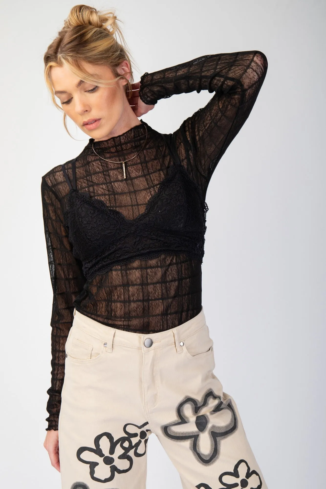 Easel Black Plaid Mesh Layering Top