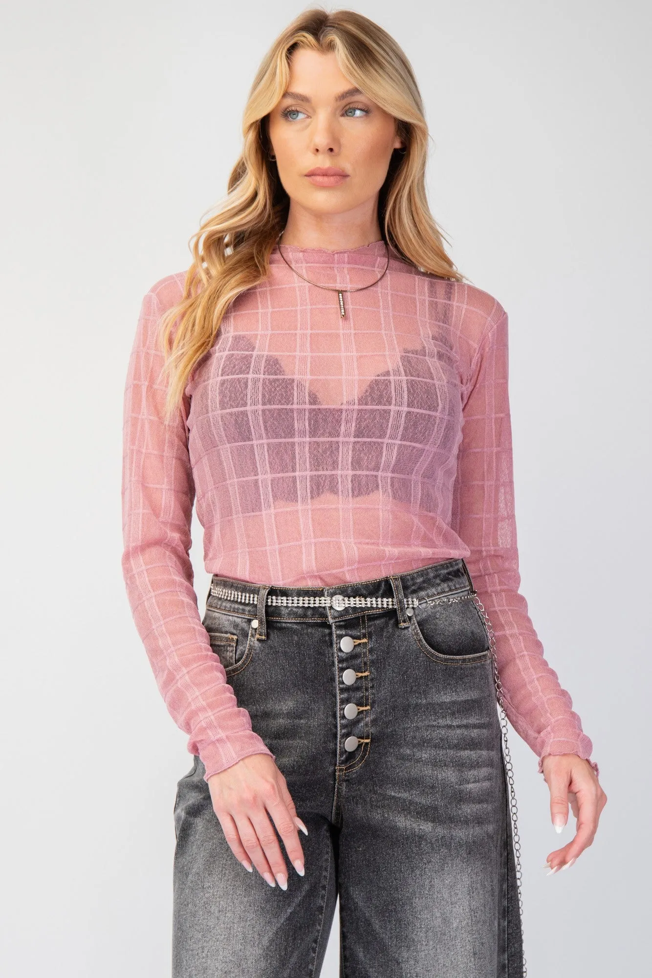 Easel Mauve Plaid Mesh Layering Top