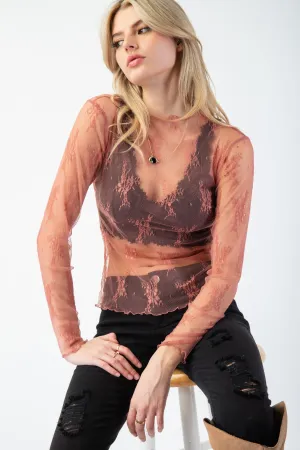 Easel - Mauve Sheer Floral Lace Long Slv Layering Top