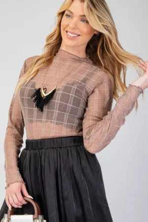 Easel Mocha Plaid Mesh Layering Top