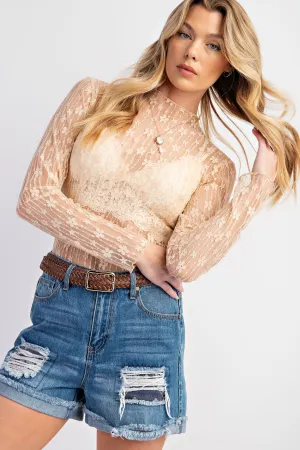 Easel -Nude Floral Lace Long Slv Layering Top