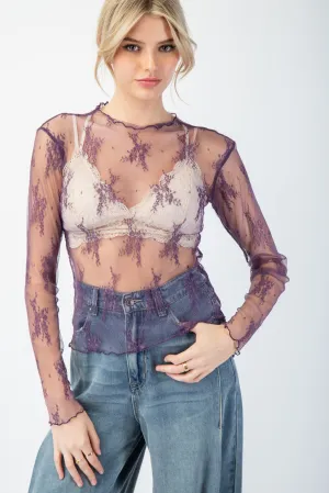 Easel - Purple Sheer Floral Lace Long Slv Layering Top