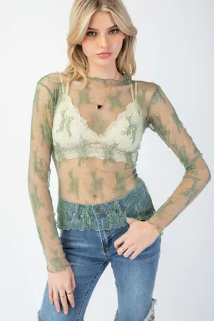 Easel - Sage Green Sheer Floral Lace Long Slv Layering Top