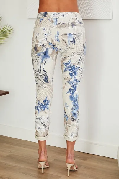 Eden Blue Flower Print Crinkle Jogger