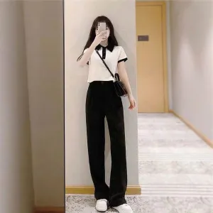 Elegant Sets Women Korean High Waist Suit Pants Drape Straight Long Lapel Slim Look Short Tops Two-Piece Pants