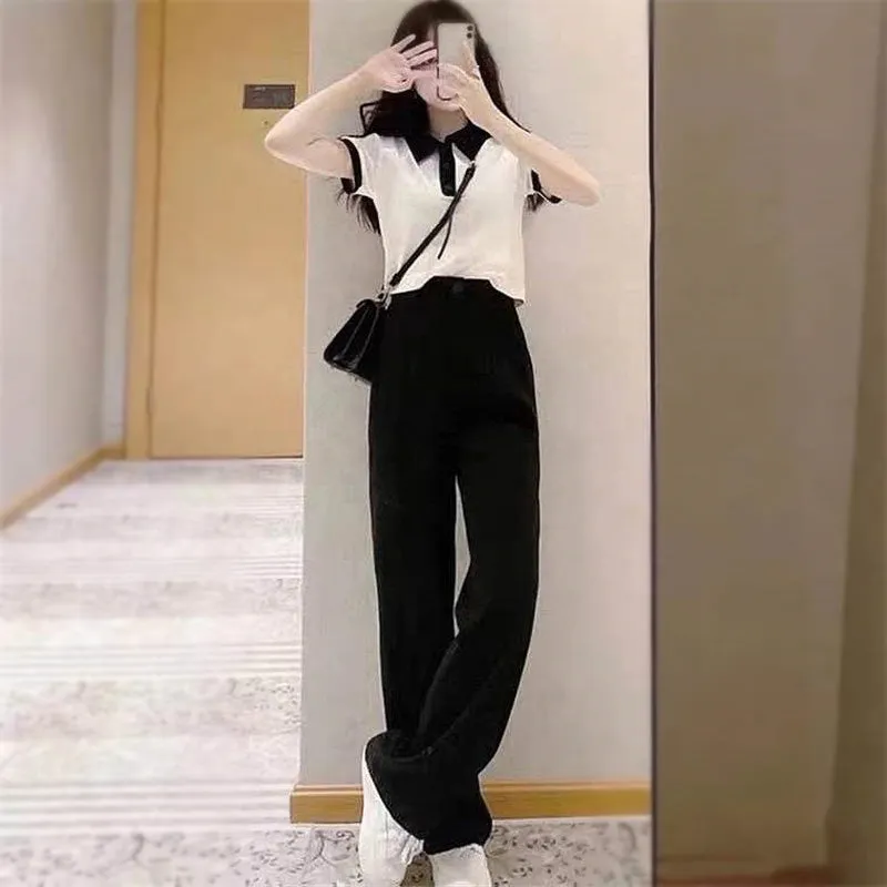 Elegant Sets Women Korean High Waist Suit Pants Drape Straight Long Lapel Slim Look Short Tops Two-Piece Pants