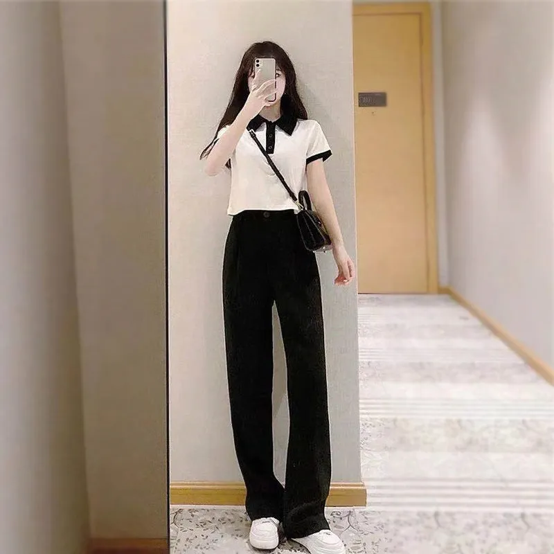 Elegant Sets Women Korean High Waist Suit Pants Drape Straight Long Lapel Slim Look Short Tops Two-Piece Pants
