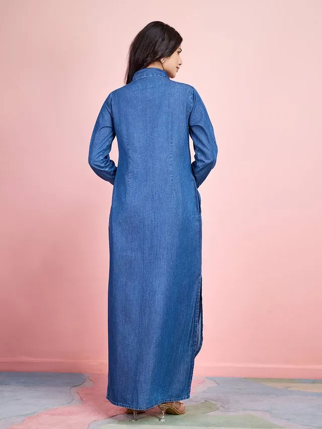 elegant tencel denim dress with full placket shirt collar with lace inserts and roll-up sleeves - Blue