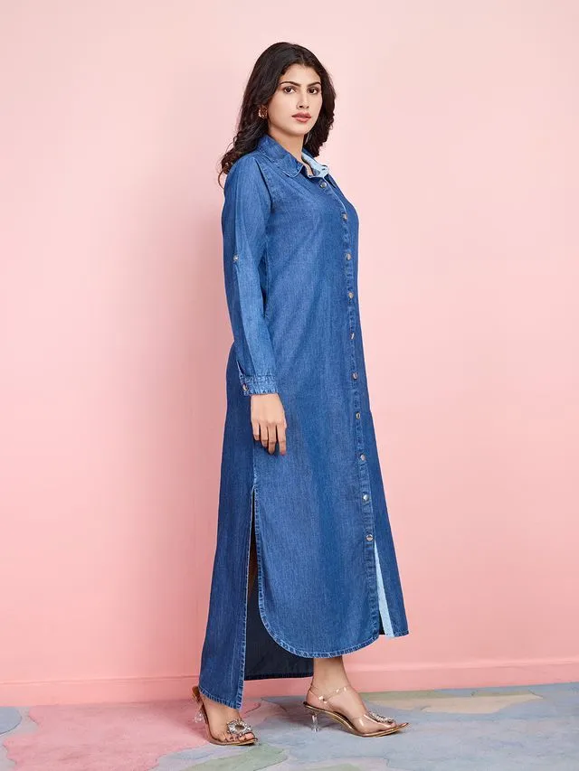 elegant tencel denim dress with full placket shirt collar with lace inserts and roll-up sleeves - Blue