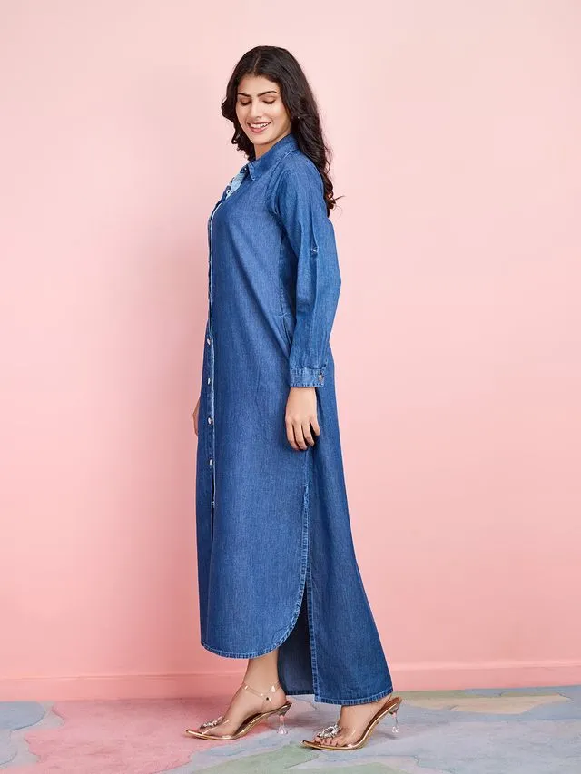 elegant tencel denim dress with full placket shirt collar with lace inserts and roll-up sleeves - Blue