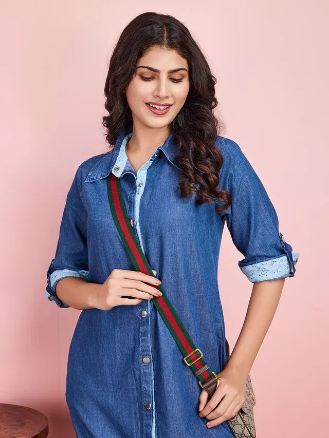 elegant tencel denim dress with full placket shirt collar with lace inserts and roll-up sleeves - Blue