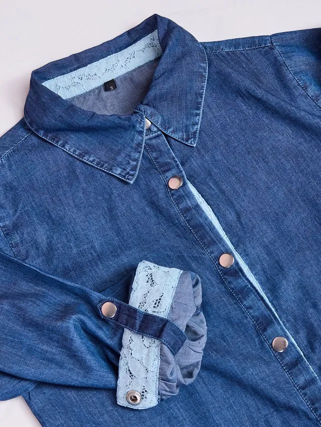 elegant tencel denim dress with full placket shirt collar with lace inserts and roll-up sleeves - Blue