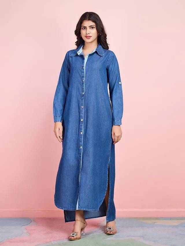 elegant tencel denim dress with full placket shirt collar with lace inserts and roll-up sleeves - Blue