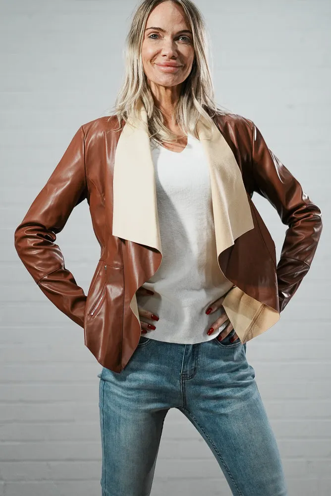 Faux leather and suede short cardigan | WATERFALL LEATHER SHORT CARDI